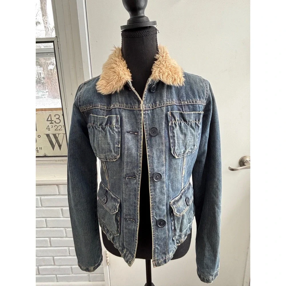 Abercrombie Denim Shearling‎ Collar Quilted Lining Jacket Large Y2K vintage jean